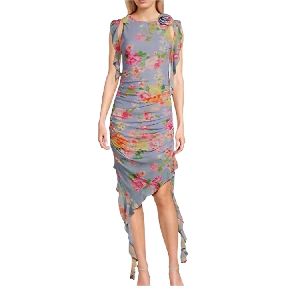 Chelsea & Violet Lavender Floral High-Low Ruched Dress Size Large